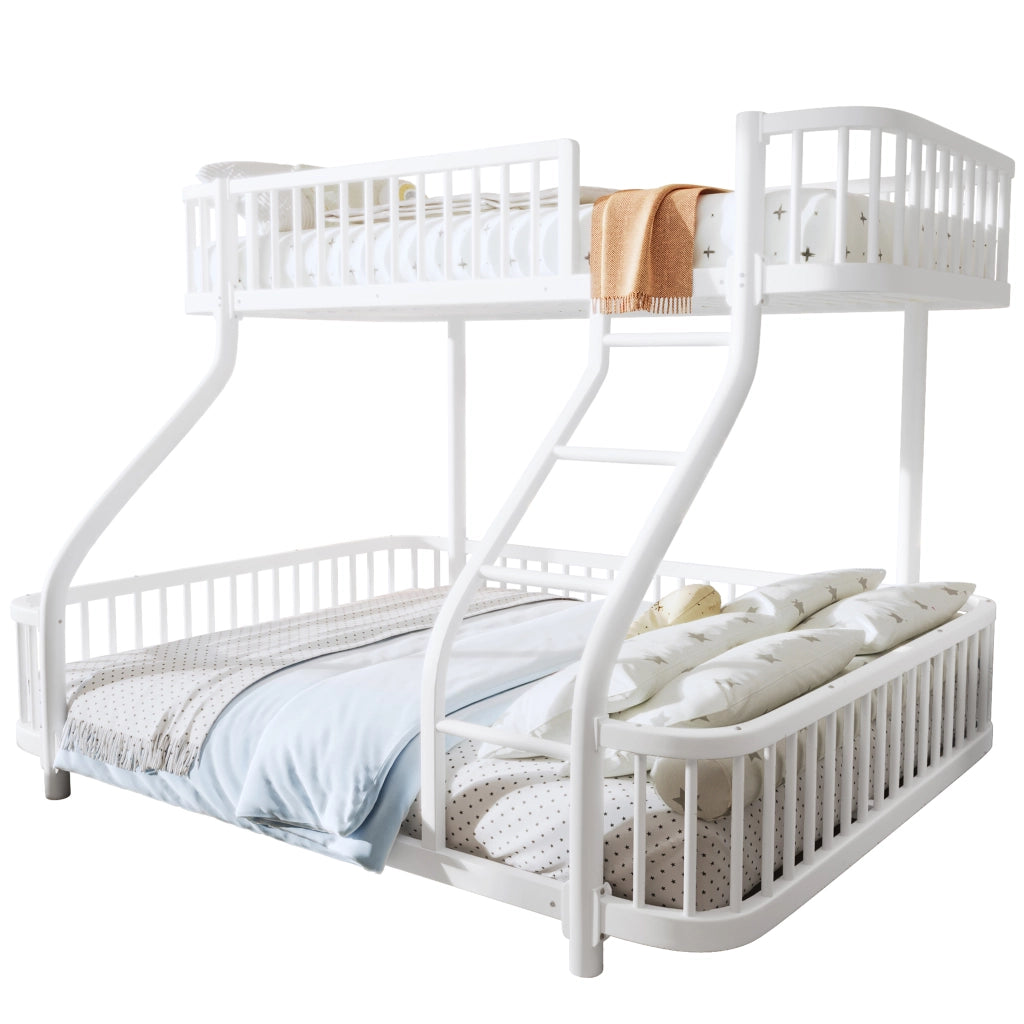 Letto a castello per bambini 90x200 + 140x200 cm; in metallo con barriere di sicurezza e scala; letto familiare; bianco