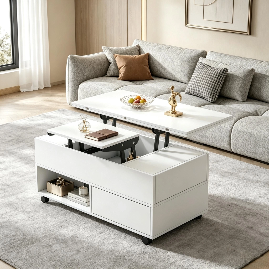 Tavolino da caffè alzabile con 4 cassetti; 2 vani aperti e ruote con freno; per soggiorno e studio; 100 × 50 × 52 cm