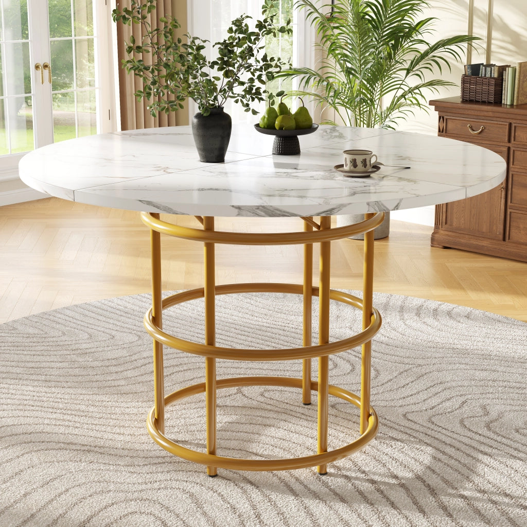 Tavolo da Pranzo Rotondo ¨C MINIMAL ¨C Piano in MDF Effetto Marmo, Gambe in Metallo Dorato, 100x100x76