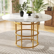 Tavolo da Pranzo Rotondo ¨C MINIMAL ¨C Piano in MDF Effetto Marmo, Gambe in Metallo Dorato, 100x100x76