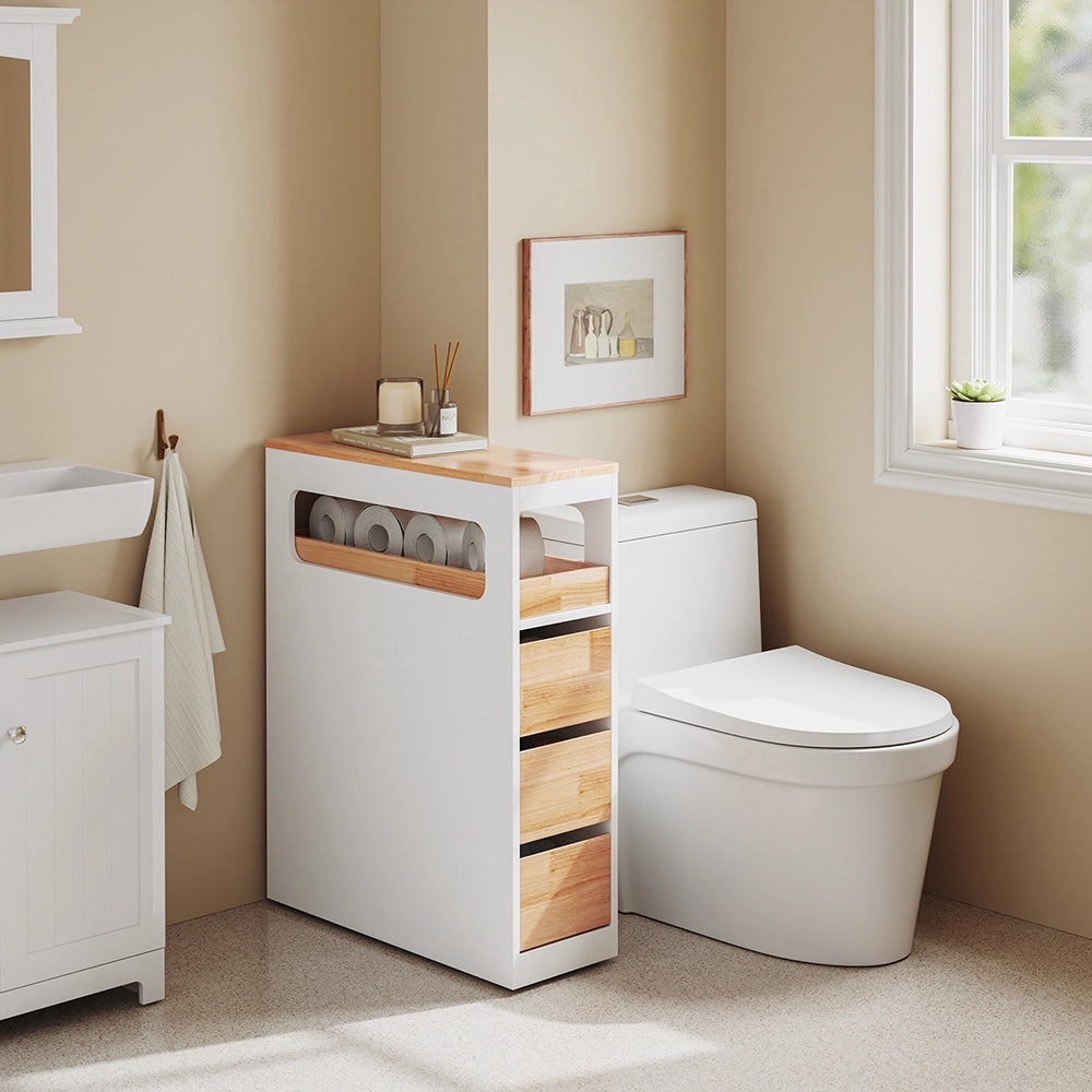 SoBuy | Mobiletto bagno salvaspazio bianco con 4 ruote | Mobile bagno con 3 cassetti | Cassettiera bagno a 2 ripiani | 23.2x65.3x82.0 cm | Capacità di carico 46 kg | BZR54-IV-WN