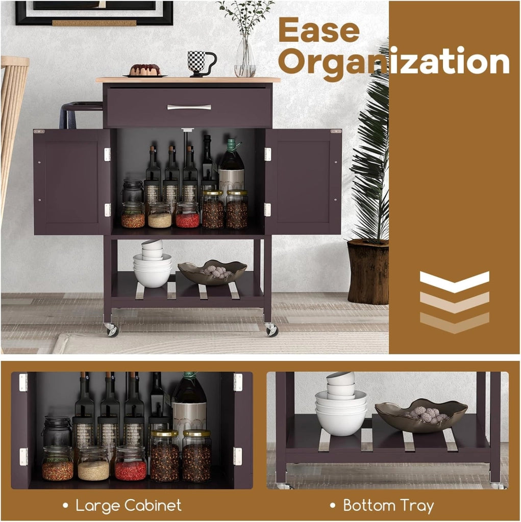Carrello con Ruote, Carrello da Cucina con 1 Cassetto Grande, Armadio a 2 Ante, Porta Asciugamani, Ripiano Inferiore Aperto, Madia Mobile Dispensa, 73x50x90 cm, 3 Colori