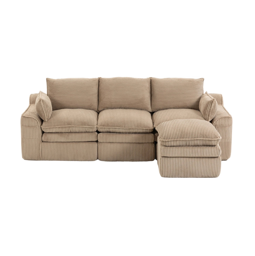 Divano modulare 3 posti ULEVR 263x167x85 cm con pouf, tasche laterali e cuscini, velluto a coste kaki