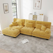 Divano angolare modulare con pouf e cuscini, seduta profonda in ciniglia vintage, giallo 313 × 145 × 81 cm