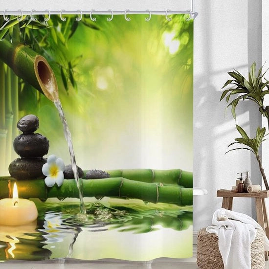Gordino per doccia esterno da giardino, 180x180cm, canna da giù verde, pietra nera, vasca fiorita bianca, tenda per doccia esterna di poliestere impermeabile, lavabile, con ganci.