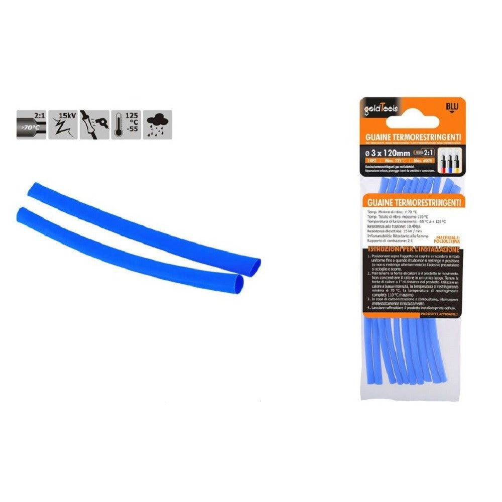 Trade Shop - Set 10 Pz Guaine Termorestringenti Termoretrattili Blu 3 X 120 Mm Per Cavi 57077 -