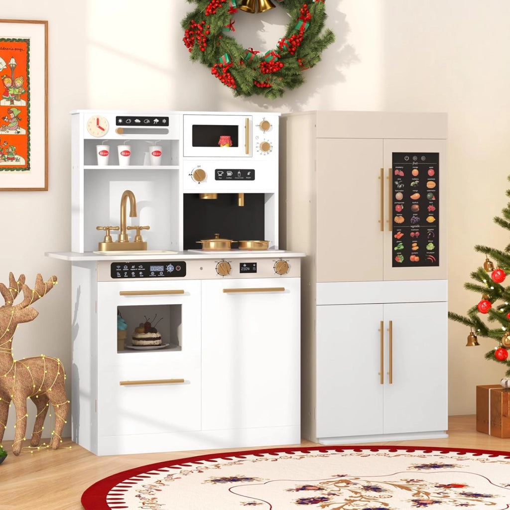 Set da Cucina Giocattolo per Bambini, Cucina per Bambini in Legno con Frigorifero, Macchina da Caffè, Microonde, Fornello, Luci e Suoni Realistici, per 3+ Anni