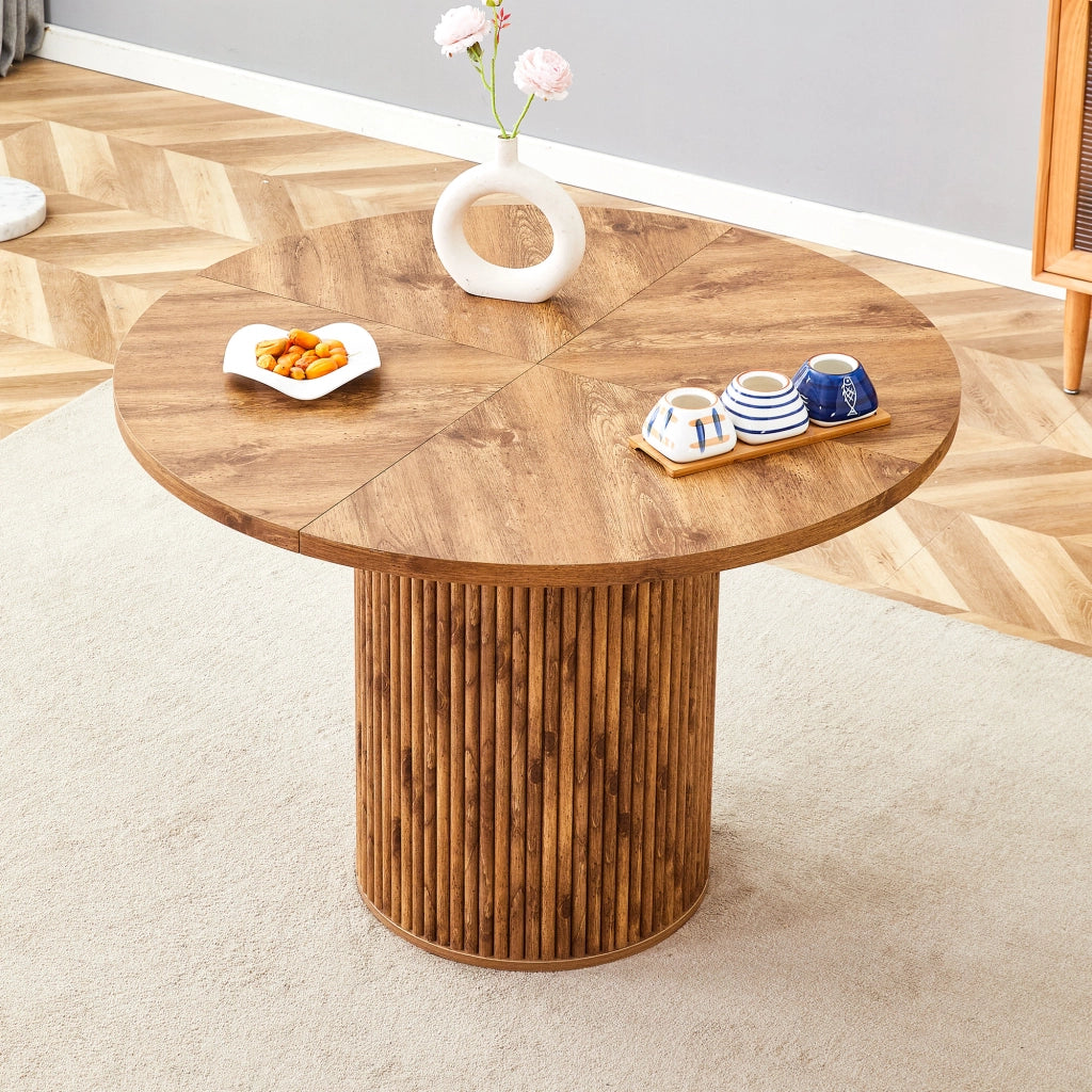 Tavolo da pranzo rotondo in MDF e metallo con piano a 4 segmenti e base cilindrica, per cucina, effetto legno, 100 × 76 cm