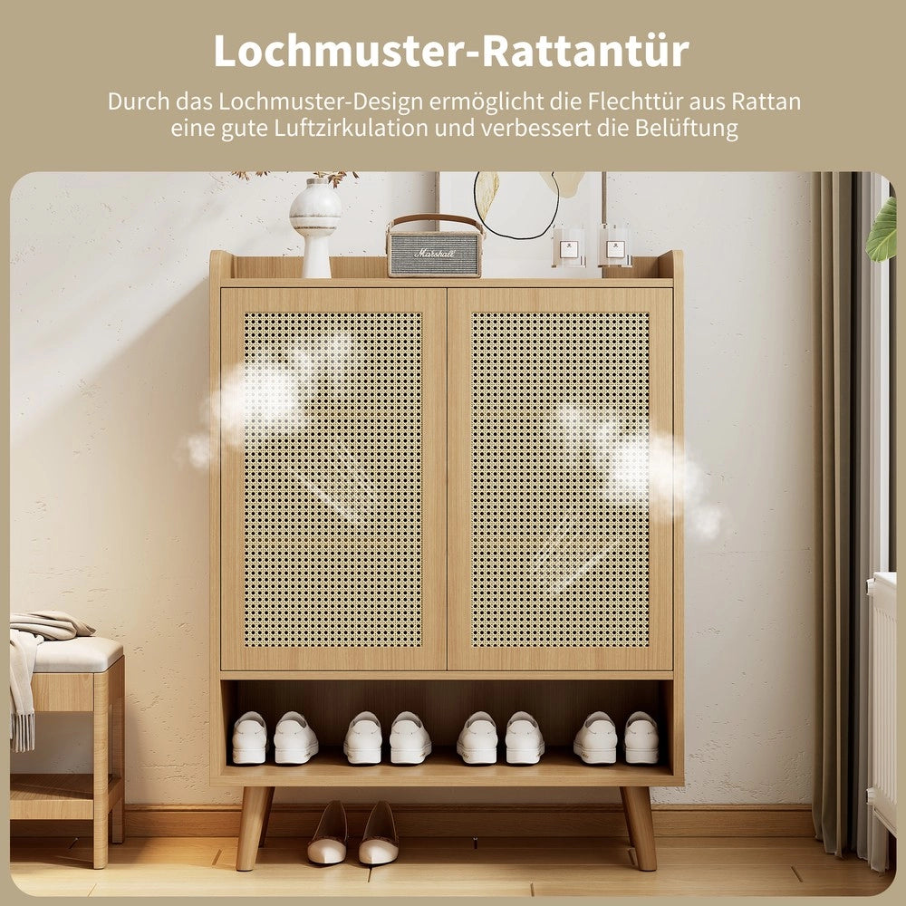 Scarpiera in Rattan con 2 Ante e 5 Ripiani ¨C MINIMAL ¨C Legno Massello, 80x105x35 cm