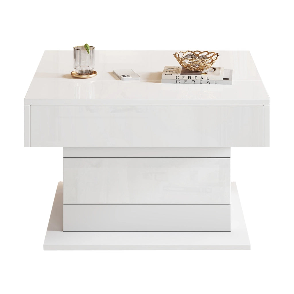 TAVOLINO da salotto 70x70x45 cm bianco lucido con piano sollevabile e cassetto