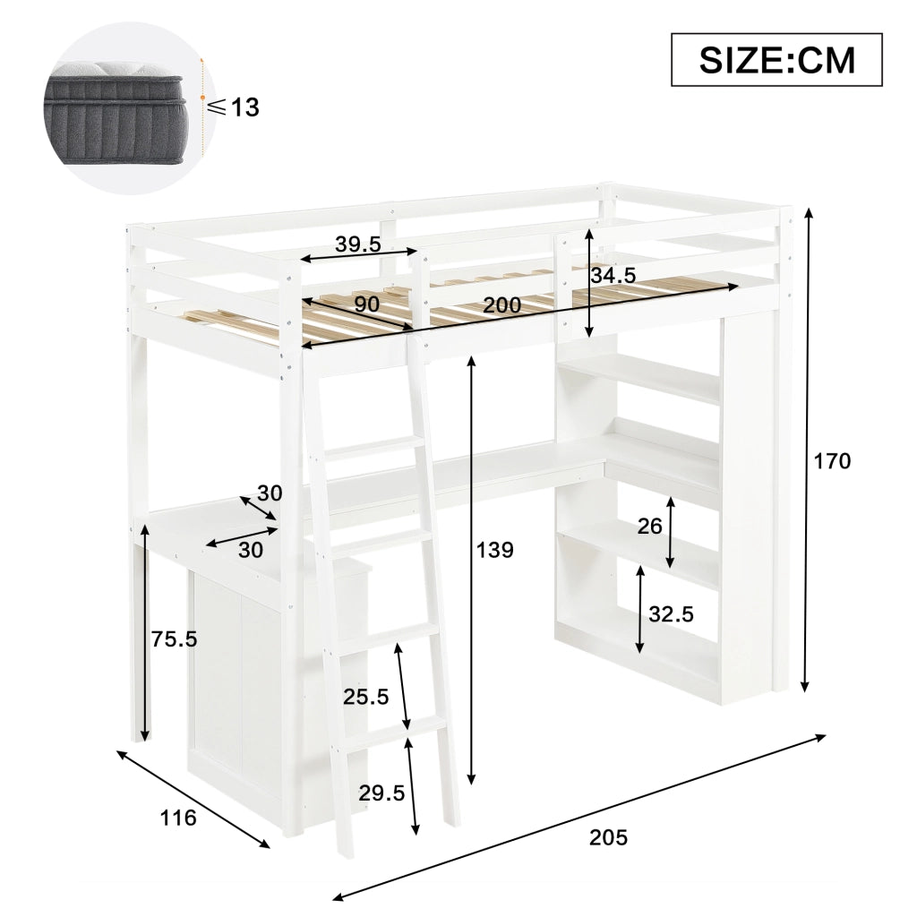 Letto a soppalco per bambini con scaffale e scala, 90x200 cm, bianco