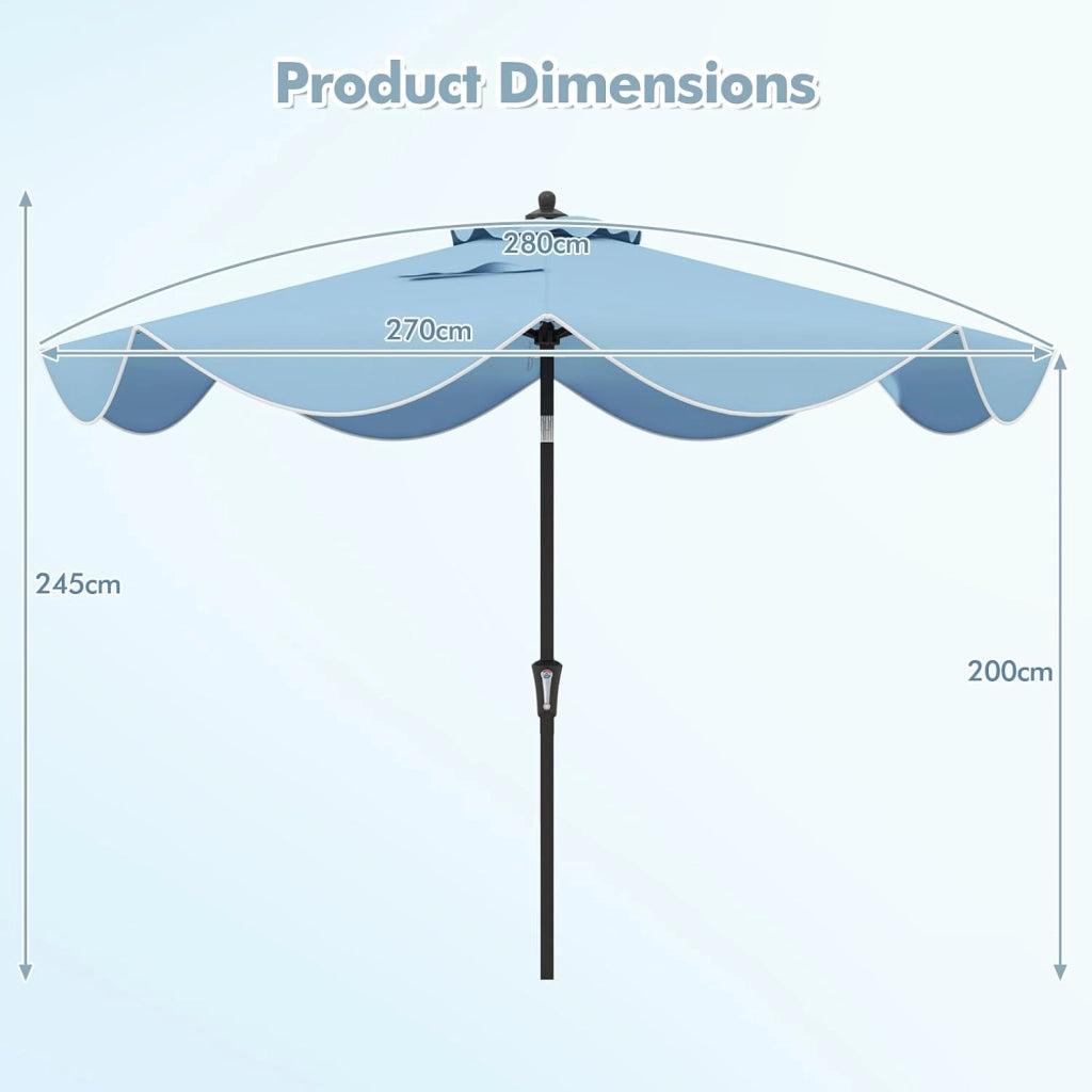 Ombrellone da Giardino 270 cm, Inclinabile a 25°, Parasole da Spiaggia Protezione UV e Anti UV, con Manovella e 8 Stecche, Ideale per Terrazza, Balcone, Piscina
