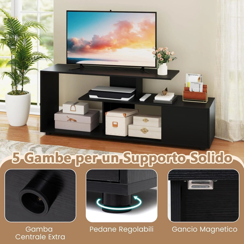 Mobile Porta TV, per TV Fino a 55'', Console Media a 3 Ripiani Asimmetrici con Ripiani di Stoccaggio e Armadietto, Mobile TV con Cassetto, 5 Gambe di Supporto (Nero)