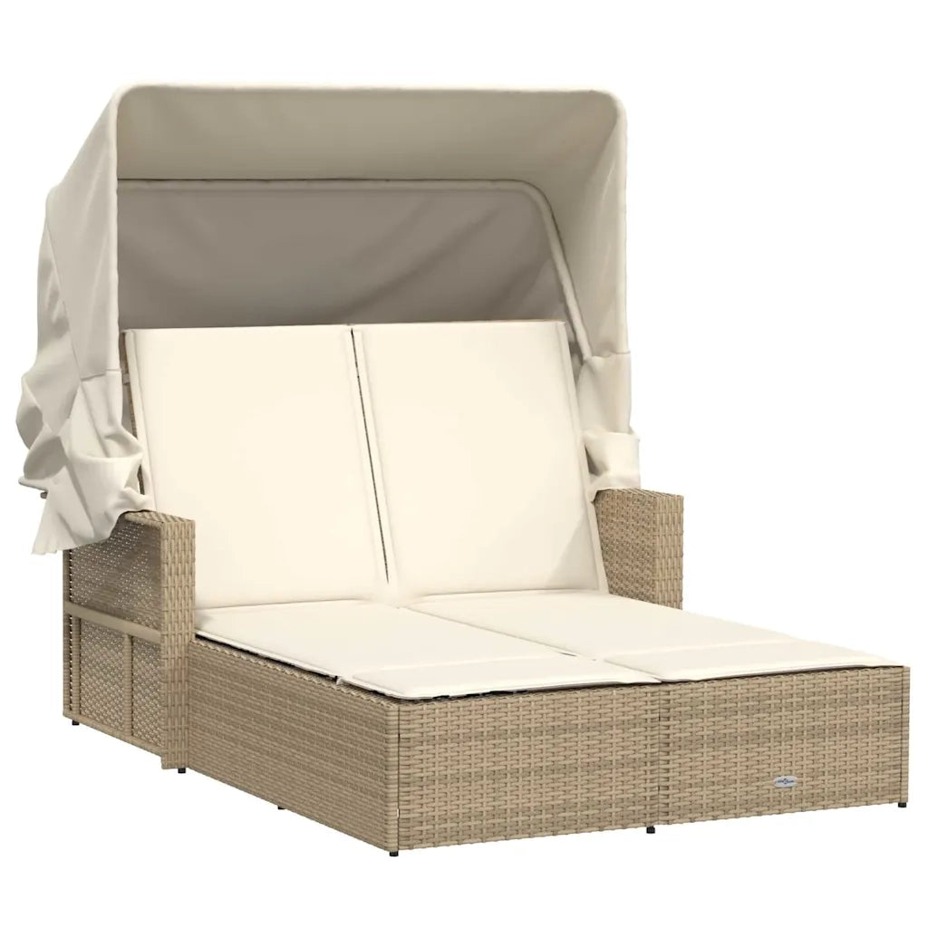 Sdraio da giardino | Lettino Doppio con Baldacchino e Cuscini Beige in Polyrattan