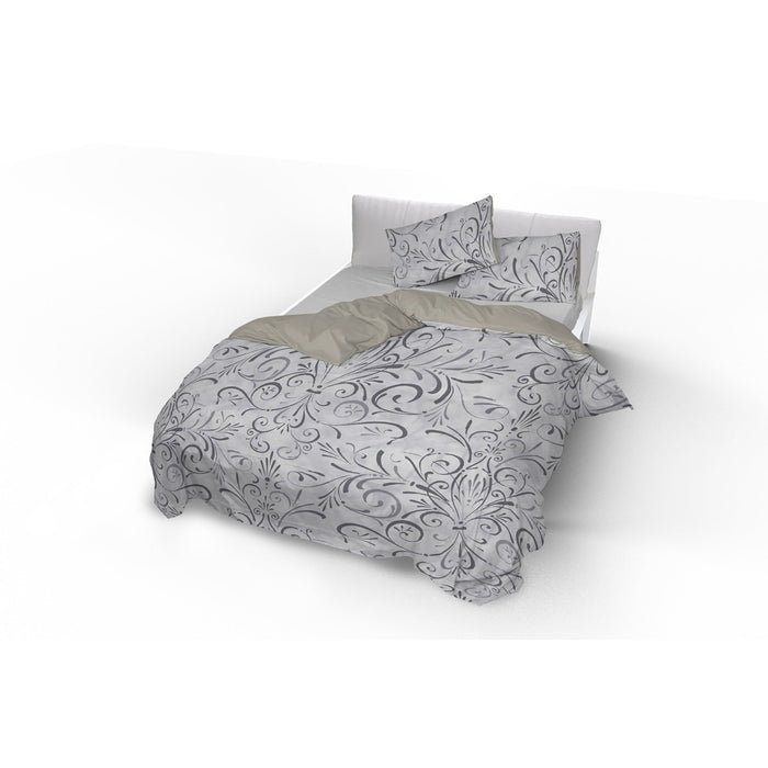 Copripiumino Singolo con Stampa sul Sacco e Federe Doubleface Ornato Grigio