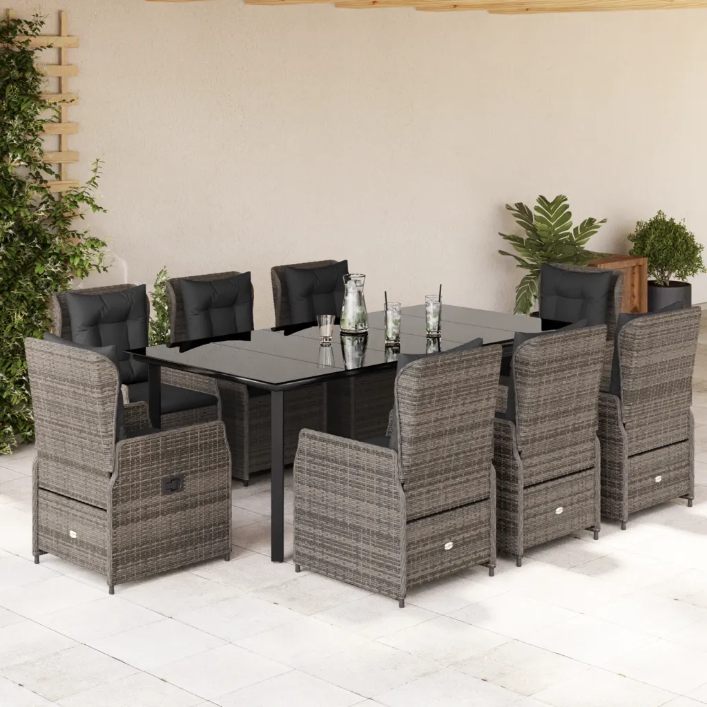 Set da Pranzo da Giardino 9 pz con Cuscini in Polyrattan Grigio 3262867