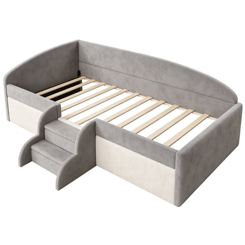 Letto per bambini 90x190 cm imbottito in velluto con sponde e scalini; grigio