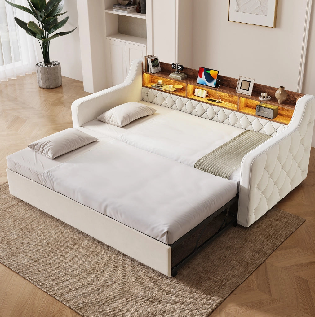 Divano letto 90x190 cm estraibile; testiera contenitore; LED; USB e Type-C in velluto beige