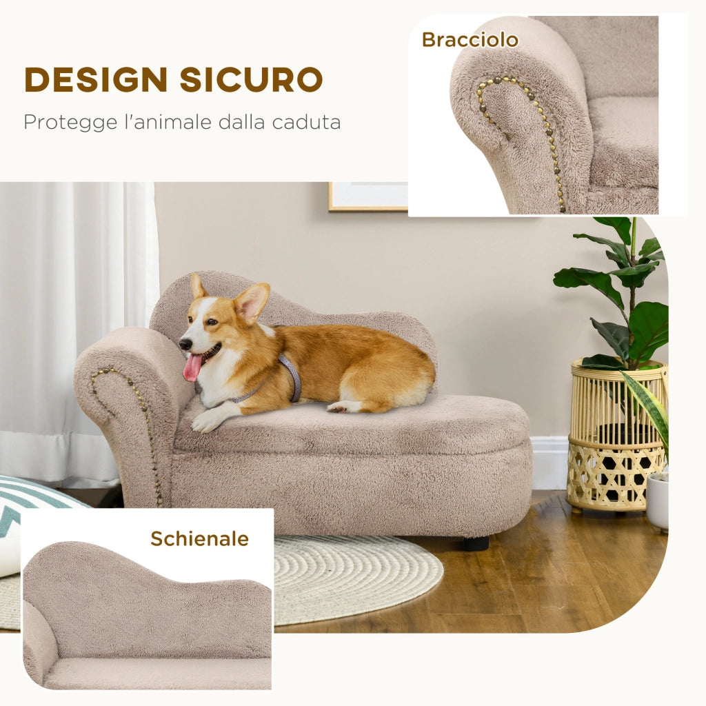 Divano per Cani Rialzato con Spazio Portaoggetti a Scomparsa, Divano Imbottito in Legno e Tessuto Vellutato, 80x40x46 cm, Beige