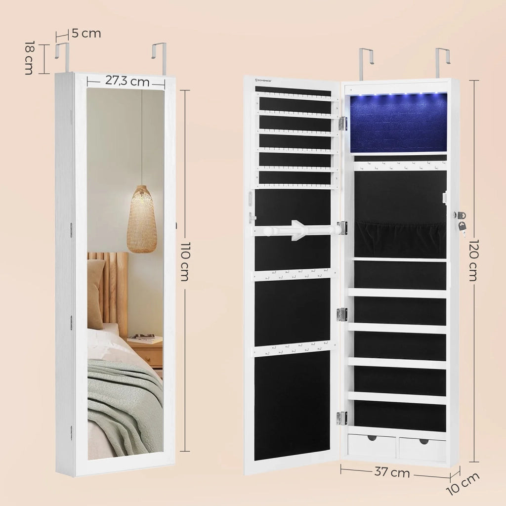 Mobiletto portagioie mobiletto portaoggetti 37 x 10 x 120 cm da parete da appendere alla porta con serratura e luce LED 12_0003923