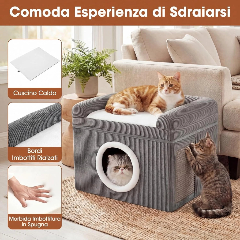 Cuccia per Gatti da Interno, Grande Casetta per Gattini a 2 Livelli con Condo Accogliente, Tappeto da Graffio in Sisal, Cuscino Morbido, Casetta Pieghevole per Animali (Grigio)