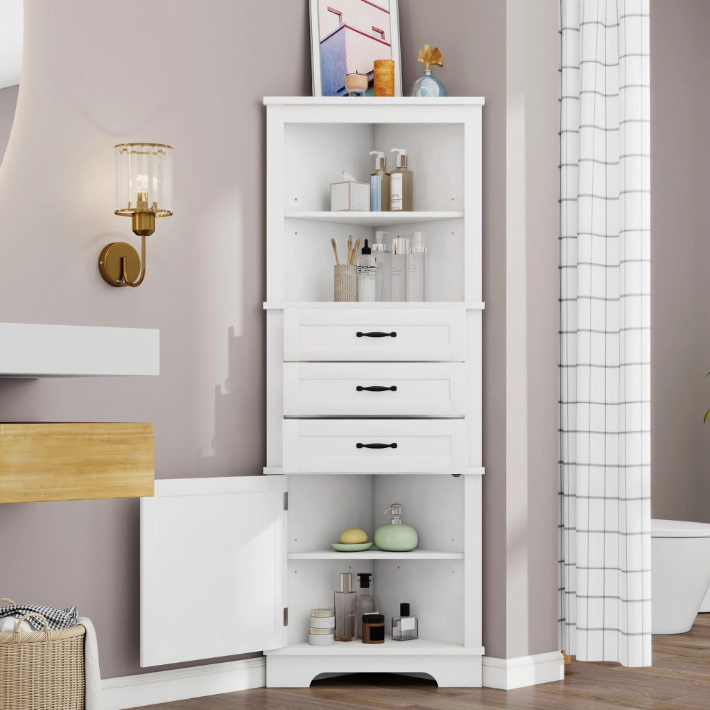 Mobile angolare da bagno con 1 anta, 3 cassetti e ripiani regolabili, per bagno, in MDF, bianco, 57,7 × 46 × 167,5 cm