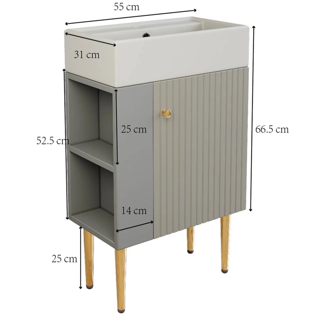 Mobile bagno freestanding ULEVR con lavabo integrato, vano contenitore e ripiani laterali, grigio e bianco