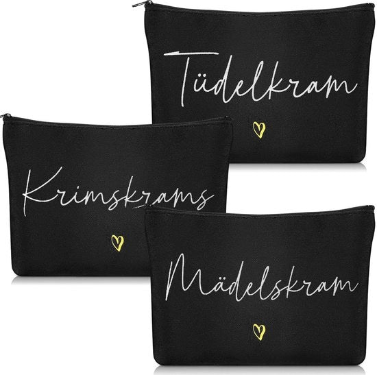 Set di 3 borse da trucco, piccole borse da toeletta nere con etichetta, portamonete da viaggio per signore e ragazze