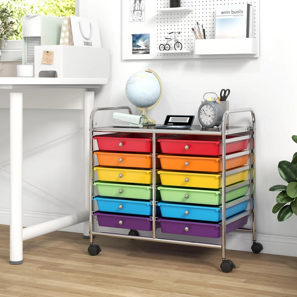 Carrello di Stoccaggio con 12 Cassetti, Carrello portaoggetti con 4 Ruote, Carrello Multiuso per Scuola Ufficio Cucina, 64 x 38 x 62 cm (12 cassetti Colorato)