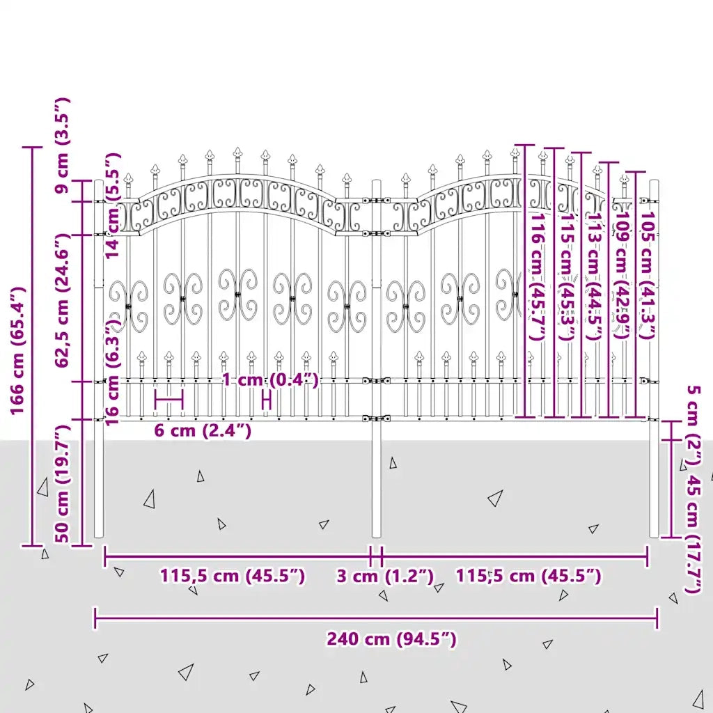 Recinzione da Giardino Kampen con Punta a Lancia Nera 240x125 cm in Acciaio 151086