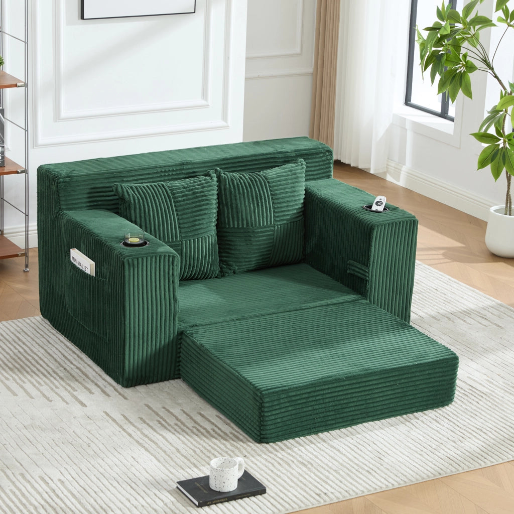 Divano pouf in velluto a coste con 2 cuscini e tasche laterali; 151x133x64 cm; smeraldo