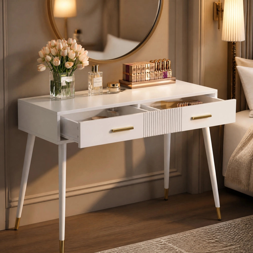 Tavolo toeletta multifunzione bianco con 2 cassetti, gambe in metallo, 100 x 40 x 76 cm