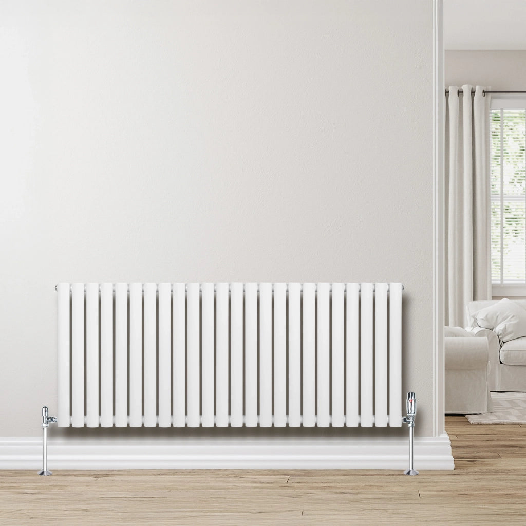 Radiatore Orizzontale Ovale 600x1440mm Bianco con Valvole TRV