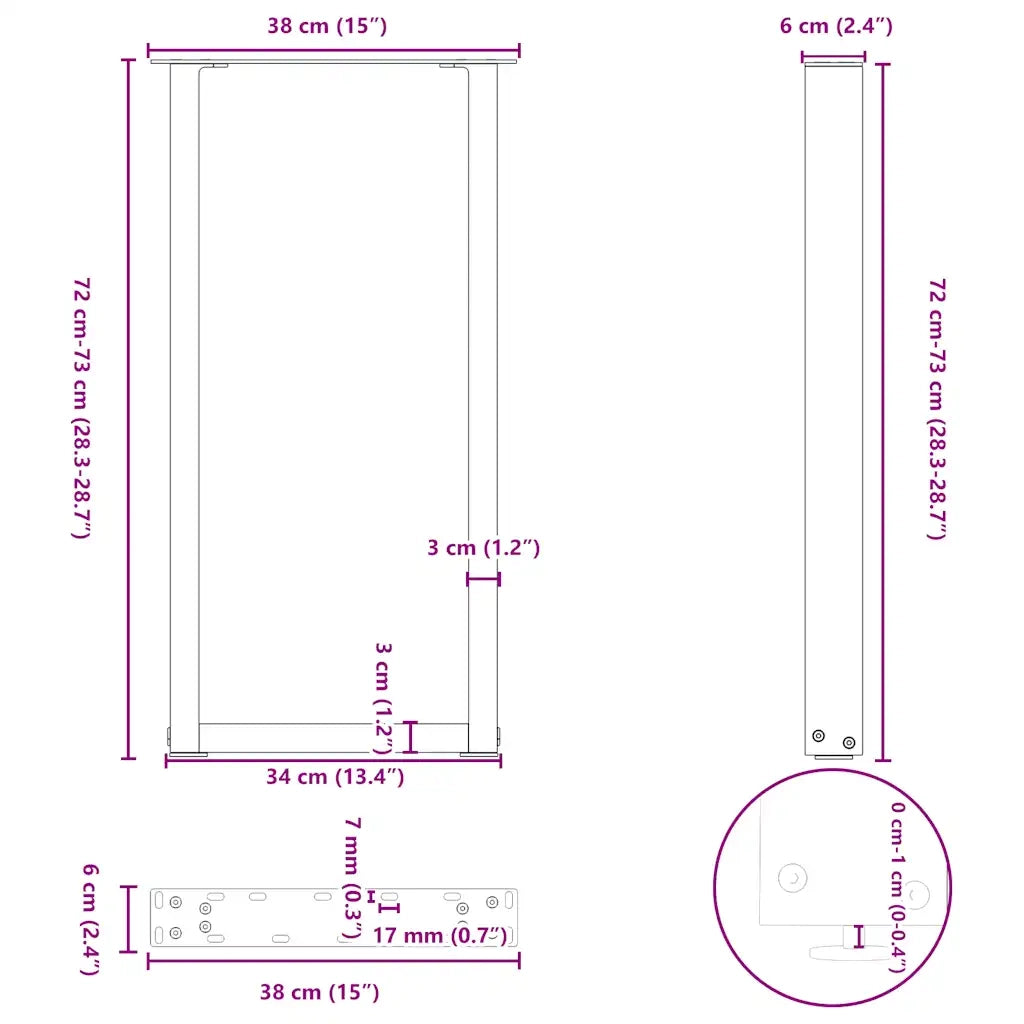 vidaXL Gambe per Tavolo Consolle a Forma di U 2 pz Nere 38x(72-73) cm Acciaio