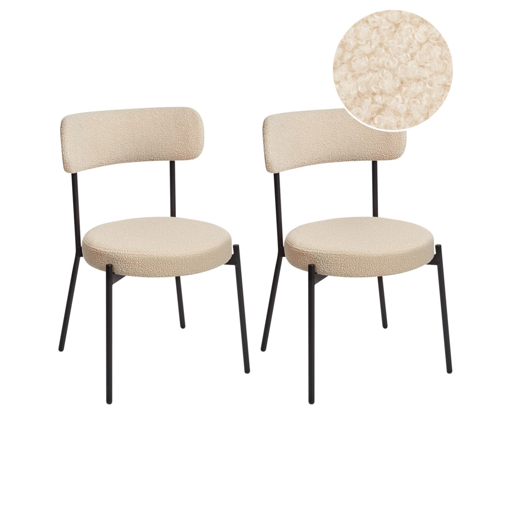 Set di 2 sedie per sala da pranzo Boucle beige chiaro Gambe in acciaio nero Sedute per sala da pranzo di design moderno