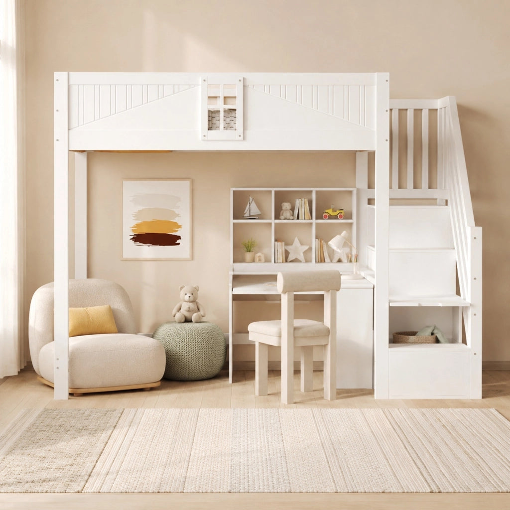 Letto a soppalco 90x200 cm in legno bianco con scala reversibile e vano portaoggetti