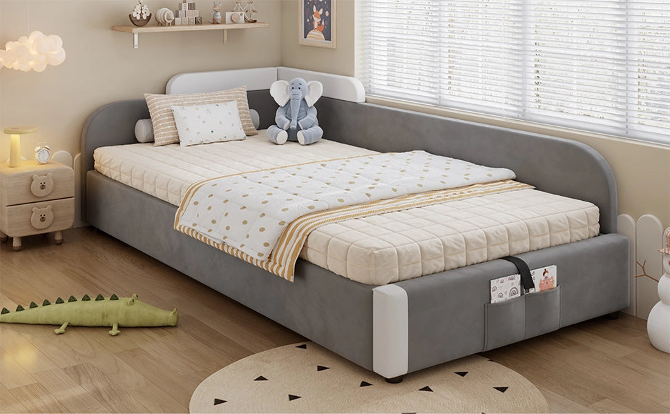 DESMIU Letto per bambini 1 posto con vano contenitore, sponda imbottita e tasca portaoggetti 90 × 200 cm, senza materasso