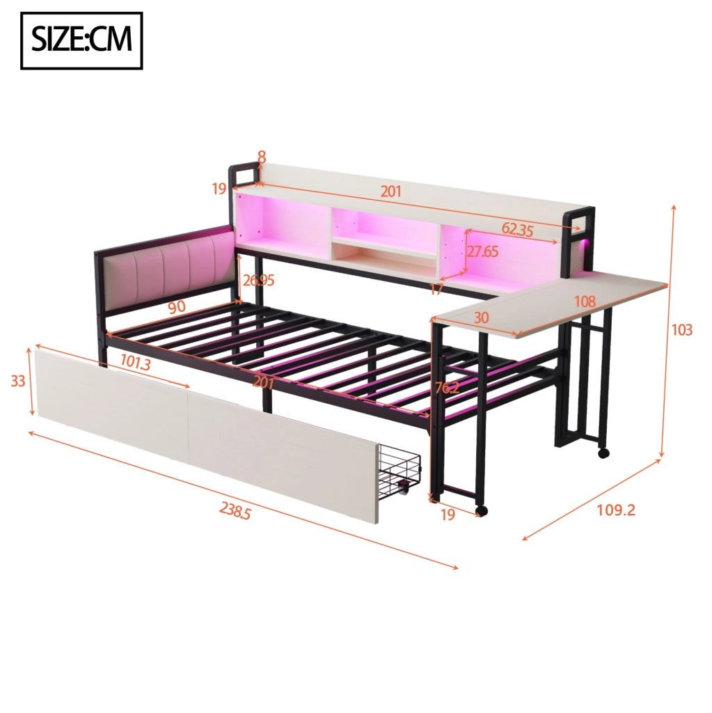 Letto singolo multifunzione 90x200 cm bianco con LED, scrivania estraibile e cassetti