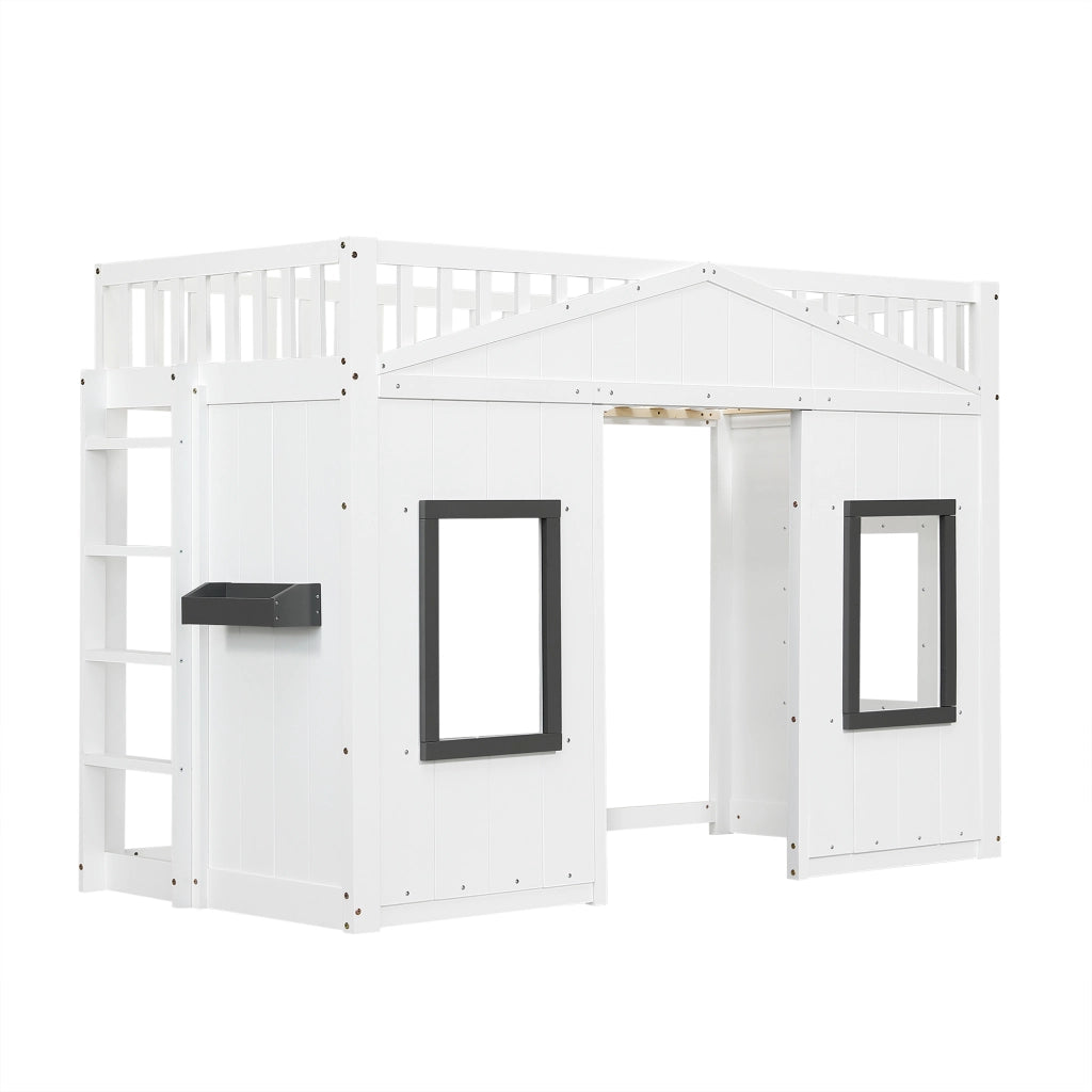 Letto a Castello con Scala e Rete di Protezione ¨C MINIMAL ¨C Pino e MDF, Bianco, 90x200