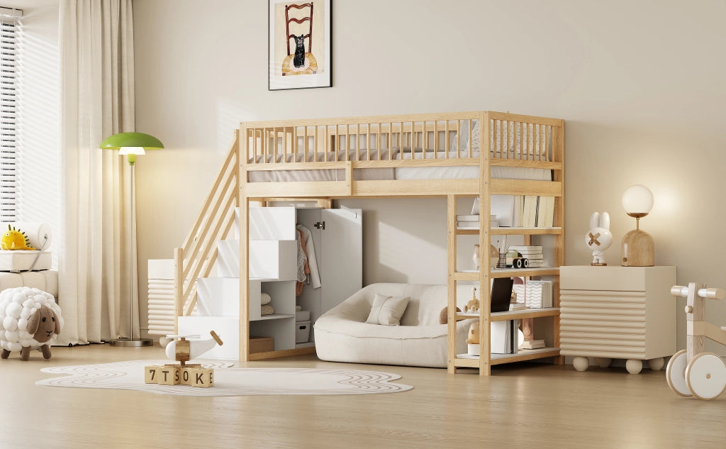 Letto a castello in legno massello naturale con recinzione alta funzione contenitiva 90x200 cm