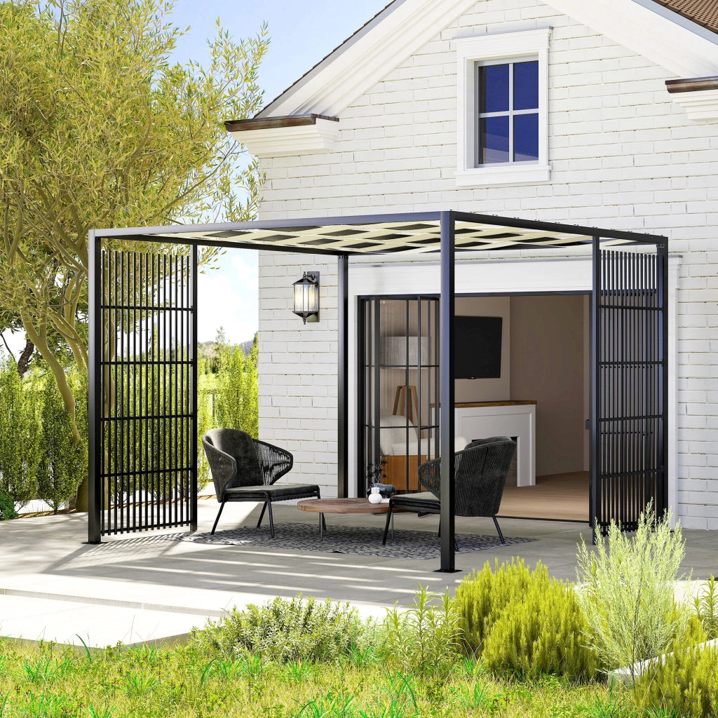 Pergola per Esterno 3x3 m con Copertura Ondulata e Pannelli Laterali, in Metallo e Poliestere Nero