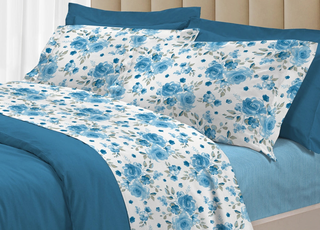 Completo Lenzuola Letto 100% Cotone Italy 3027 Disegno Rosa - Matrimoniale - Azzurro
