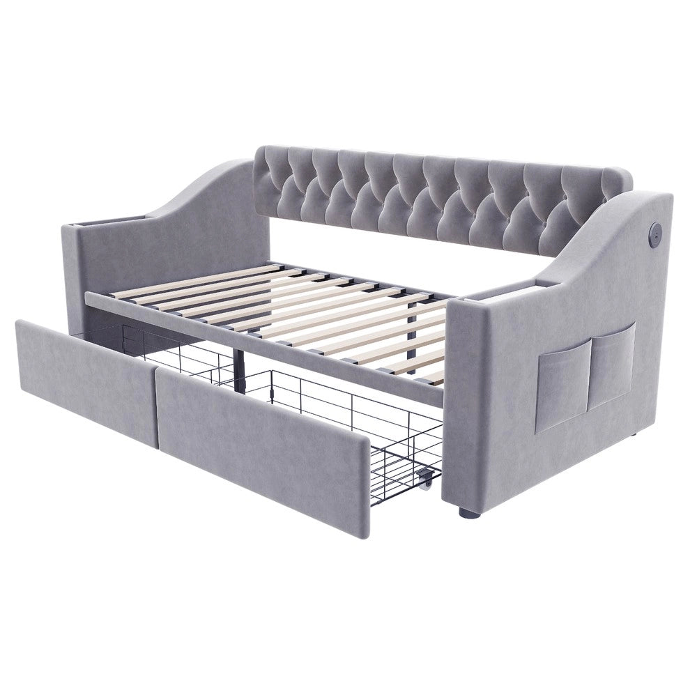 Letto Imbottito Singolo con Cassetto e USB ¨C MINIMAL ¨C Velluto Grigio Chiaro 90x190