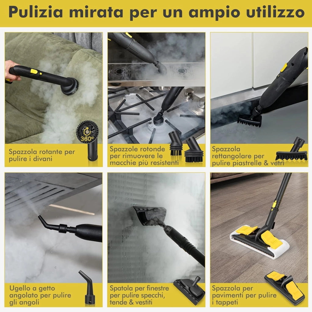 2000W Pulitore a Vapore, Macchina per Pulizia Rotante con 13 Accessori, Capacità d'Acqua di 1,8L, Macchina a Vapore Multiuso per Tappeti Finestre Vetri e Tende (Giallo)