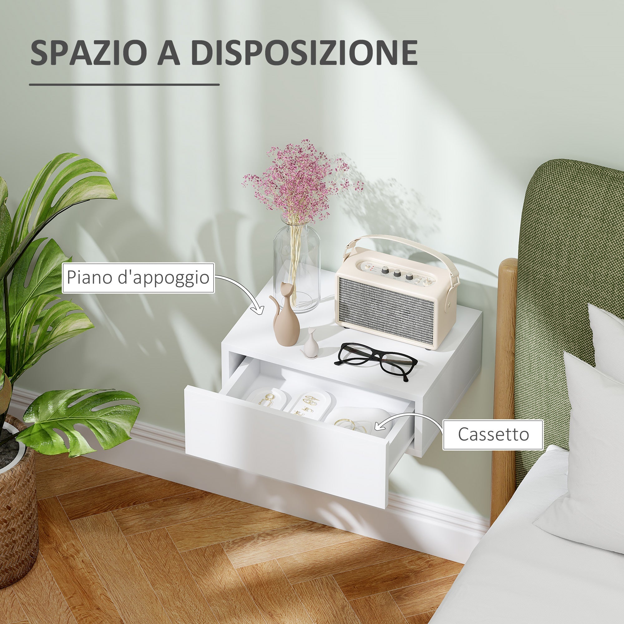Comodino Sospeso Moderno 40x30x15 cm con Cassetto in Legno Bianco