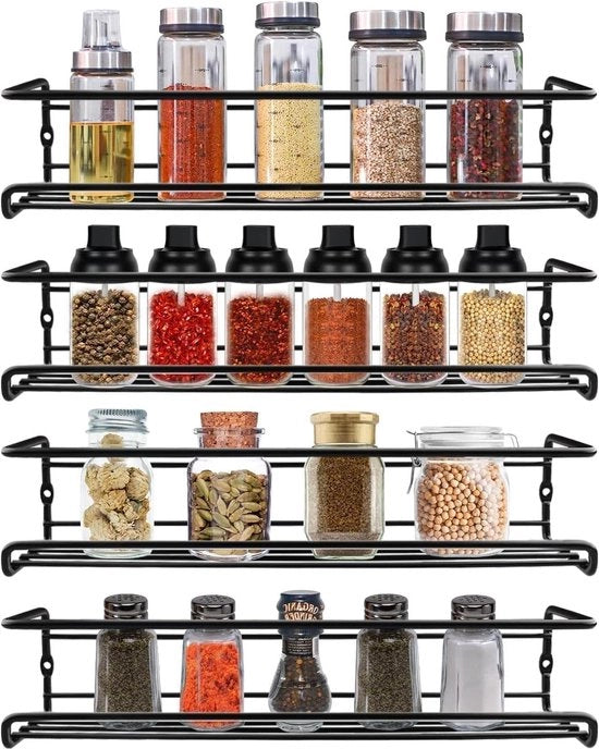 Set di 4 organizzatori per spezie da appendere alla parete - Senza perforazione - Griglia da cucina per parete nera - Dimensioni ca. 29 x 66 x 64 cm