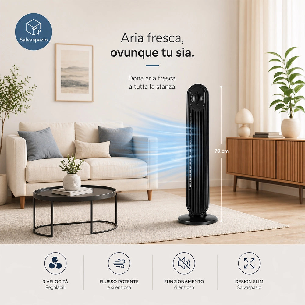 Ventilatore Raffrescatore Verticale a Torre Nero 60 W a 3 Velocità Altezza 79 cm