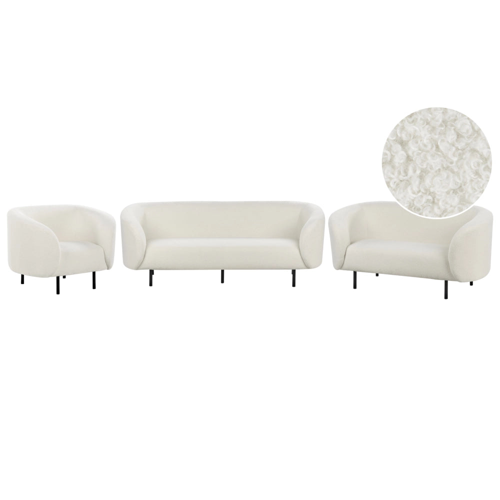 Set di 2 divani e poltrona in tessuto bouclè bianco e nero con gambe nere stile glamour retrò soggiorno