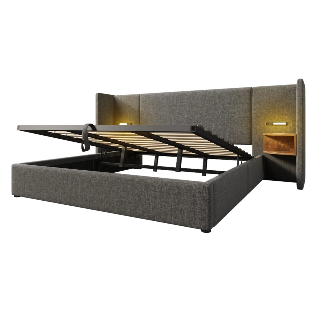 Letto matrimoniale 180x200 cm con contenitore; testiera con luce lettura USB e Type-C; grigio