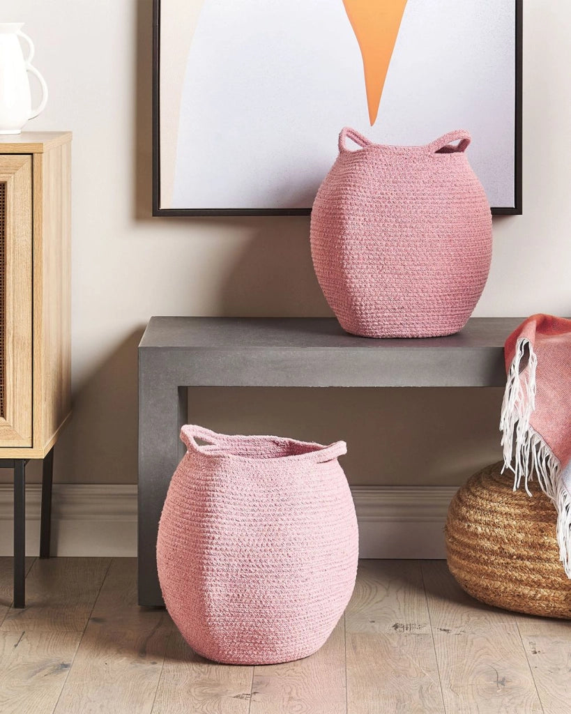 Set di 2 cesti portaoggetti in cotone rosa 20 x 30 cm Portabiancheria Contenitori intrecciati a mano